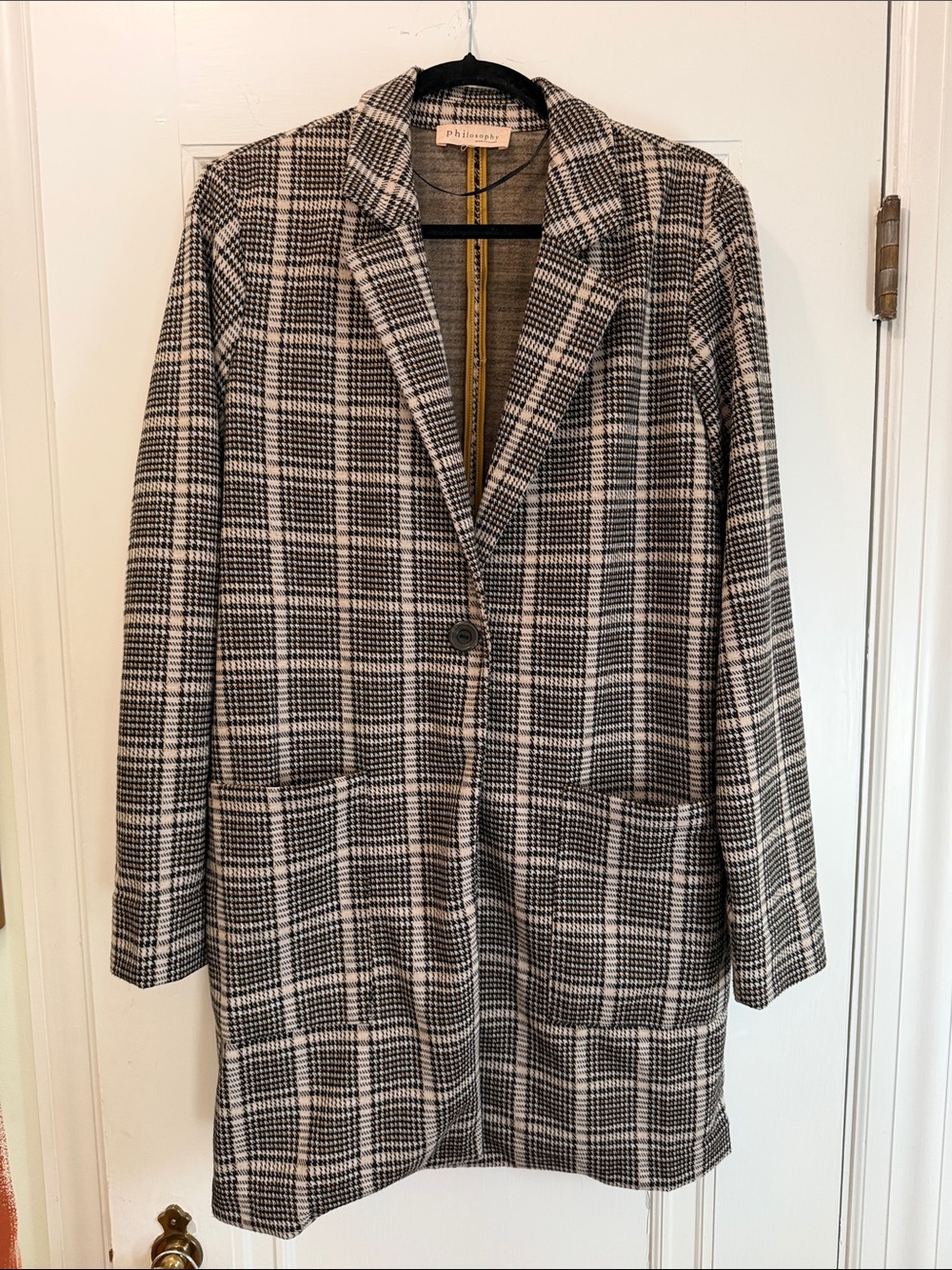 Philosophy Black and Cream Plaid Single-Button Blazer Coat